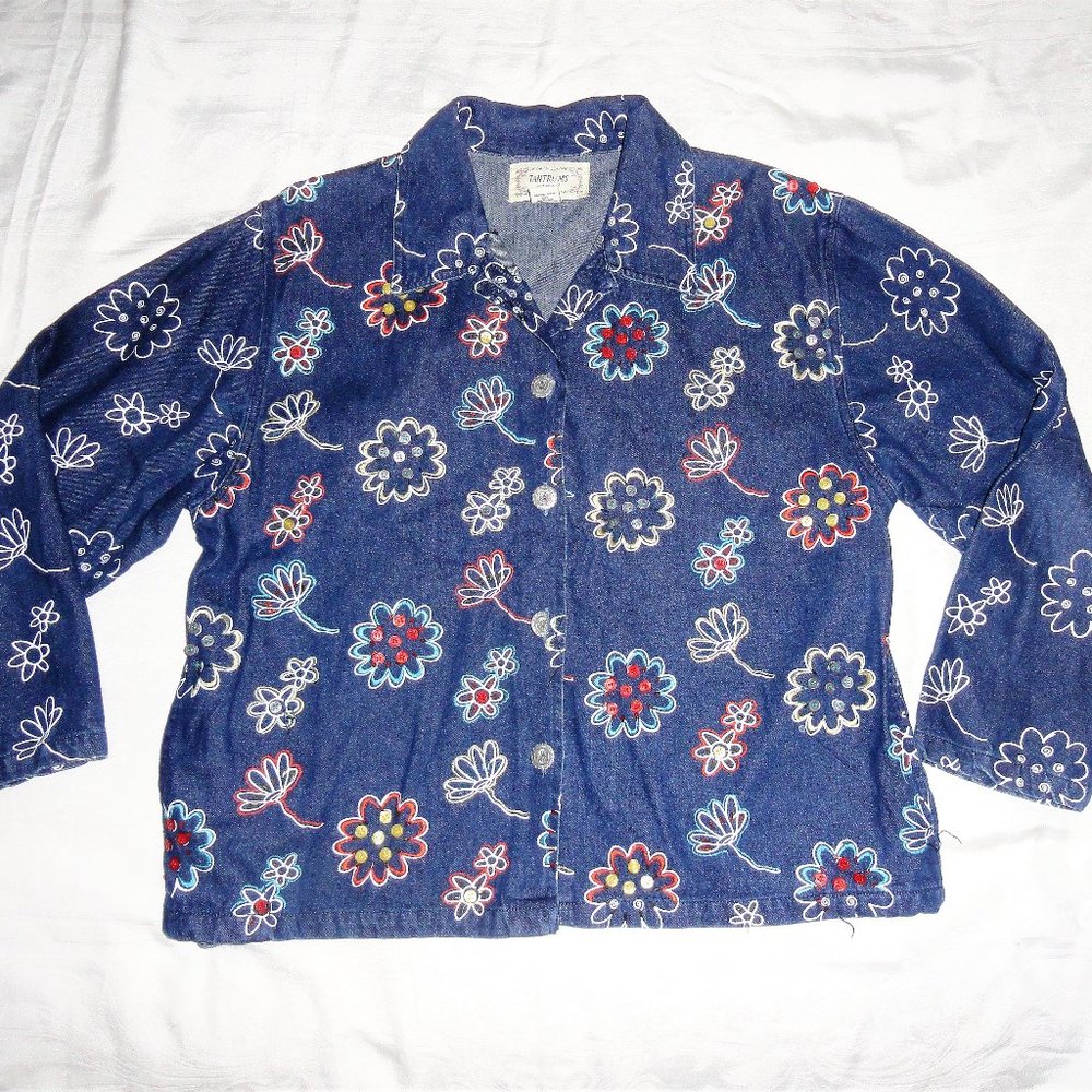 Vintage 90s Denim Jacket Floral Beads Embroidery